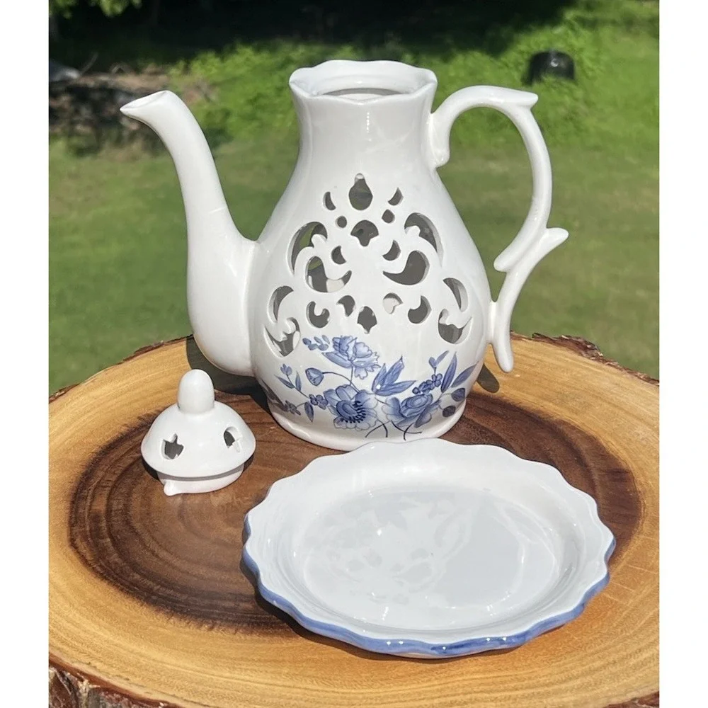 Blue White Porcelain Coffee Pot Tealight Fairy Light Lantern Pierced Floral